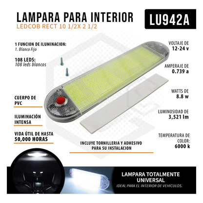 Plafón Lámpara Interior Universal Led Cob Auto Camión 12-24v
