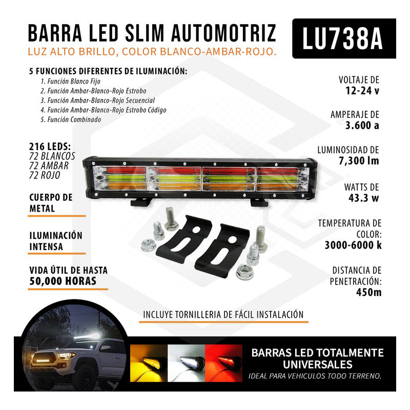 Barra Led 17.5'' Multicolor Fijo 4 Funcion Estrobo 12-24 4x4