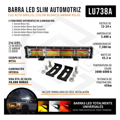 Barra Led 17.5'' Multicolor Fijo 4 Funcion Estrobo 12-24 4x4