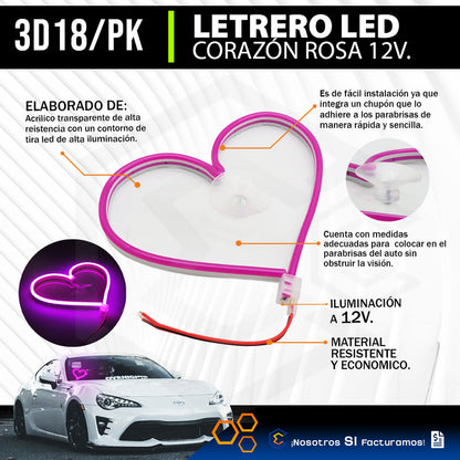 Figura Corazon Led Luz Neon Parabrisas Chupón Grande26cm 12v