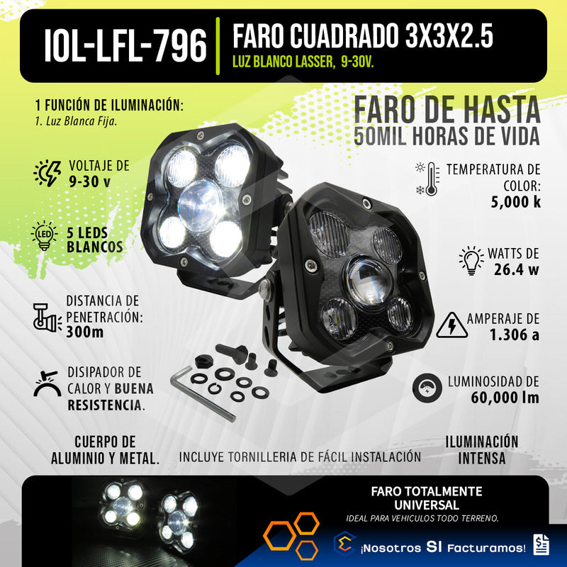 Par De Faros 5 Leds Cuadrado Luz Blanca Fija 60,000lm 9-30v