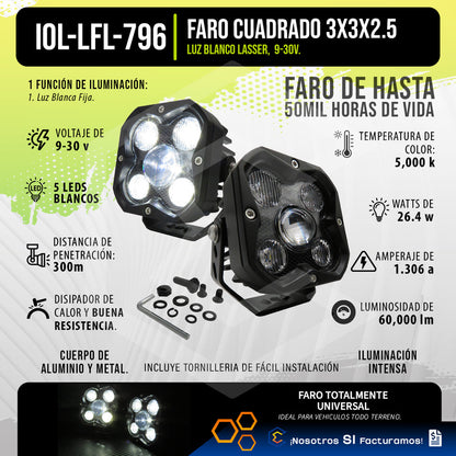 Par De Faros 5 Leds Cuadrado Luz Blanca Fija 60,000lm 9-30v