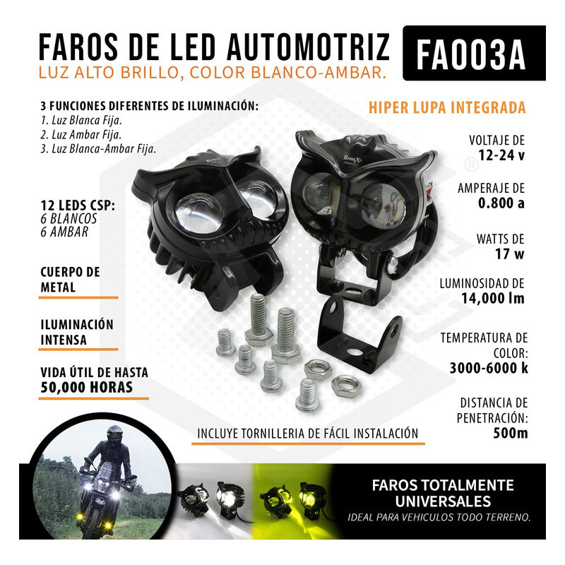 Faros Universal Búho 12 Hiperleds 3 Funciones 12-24v Bicolor