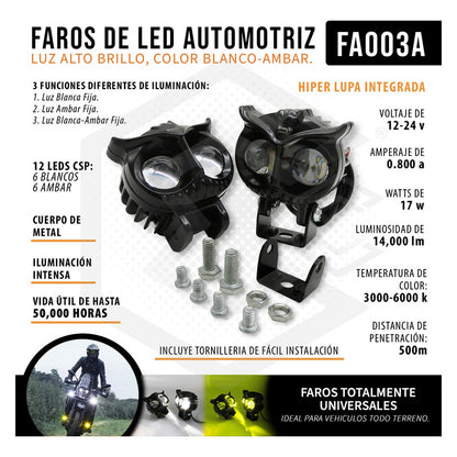 Faros Universal Búho 12 Hiperleds 3 Funciones 12-24v Bicolor