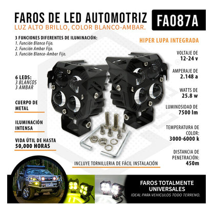 Faros Universal Cuadrado Blanco/ámbar Fijo 6 Led 26w 12-24v