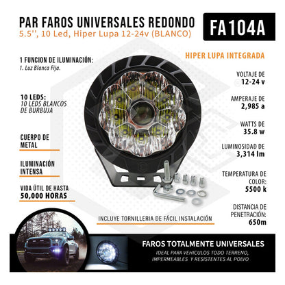 Faros Universales Redondo 5.5'' 10 Led Hiper Lupa 12-24v
