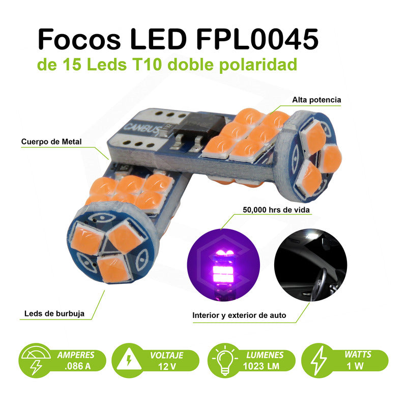 Kit De 10 Focos Pellizco T10 15 Leds Burbuja Doble Polaridad