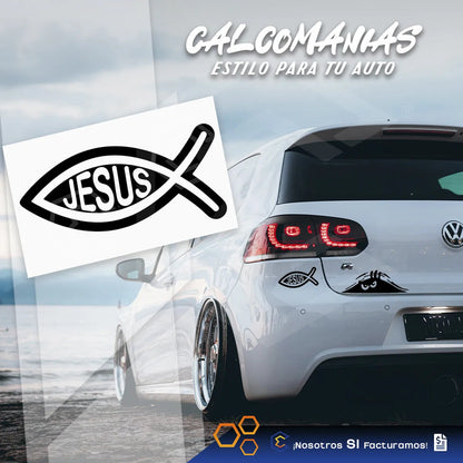Calcomanía Jesús Pez Negro Sticker Vinil Auto Moto 13 X 6cm