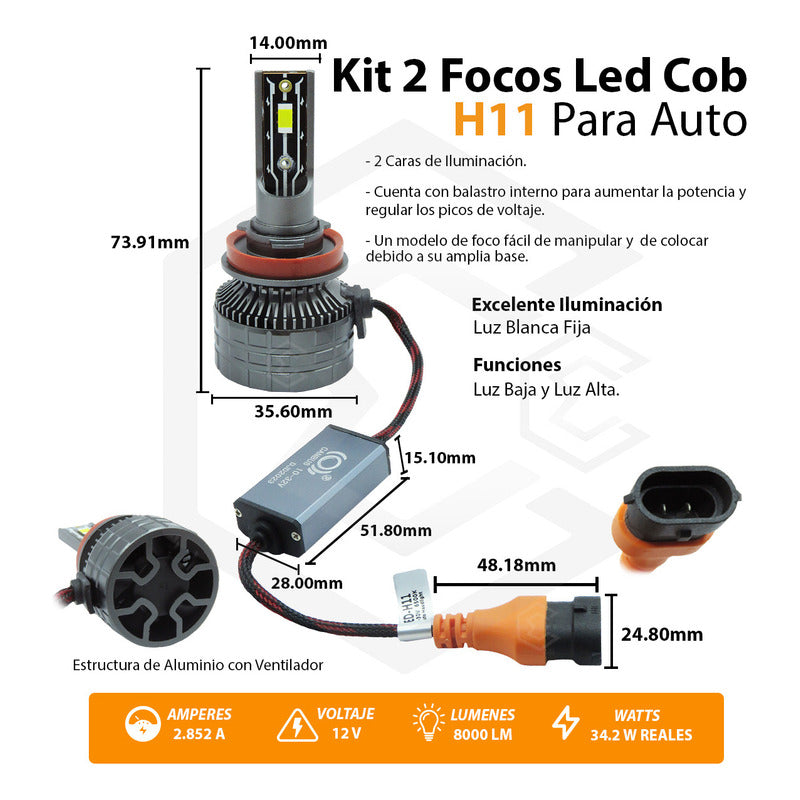 Kit Focos H11 12 Led Csp 9-30v 34.2w Reales Alta Baja 8000lm H11