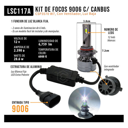 Kit Focos 9006 C/ Canbus Csp3570 W7 C/ Ventilador Luz Baja 9006