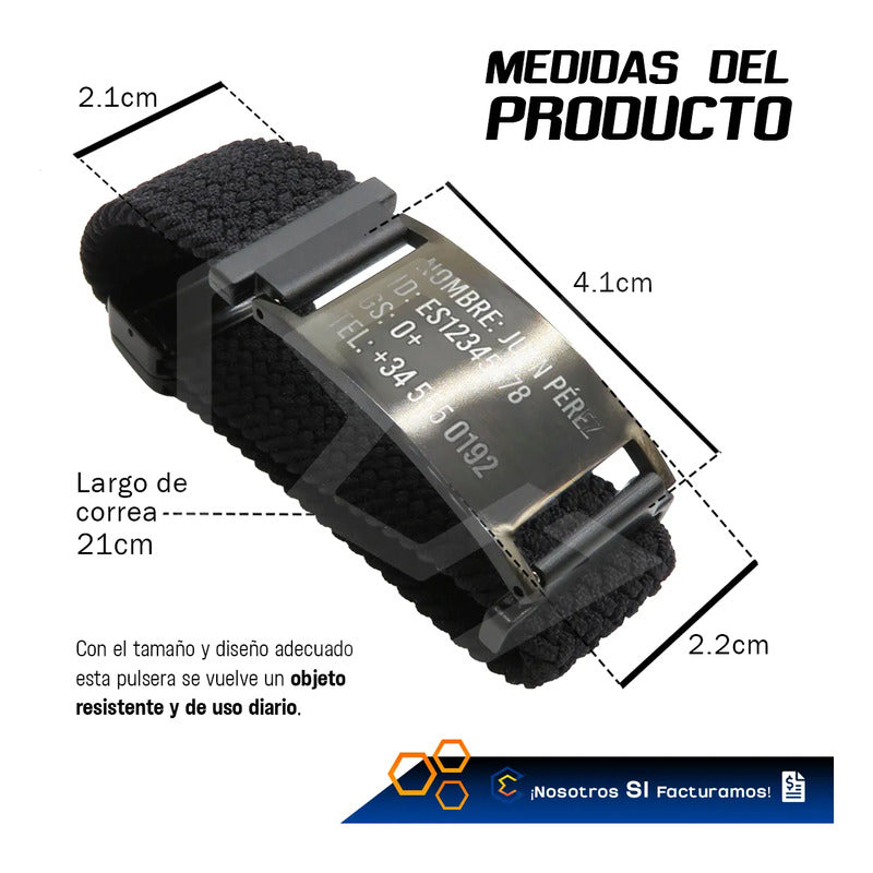 Pulsera Brazalete Identificación De Emergencia Grabado Láser Negro