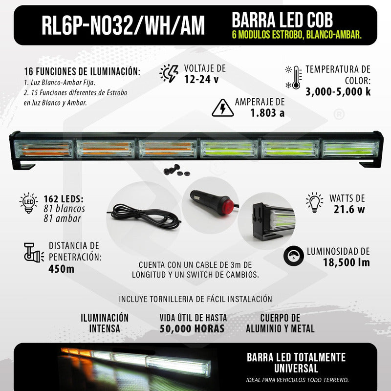 Barra Torreta Led Cob 6 Módulos Estrobo Código 16 Funciones