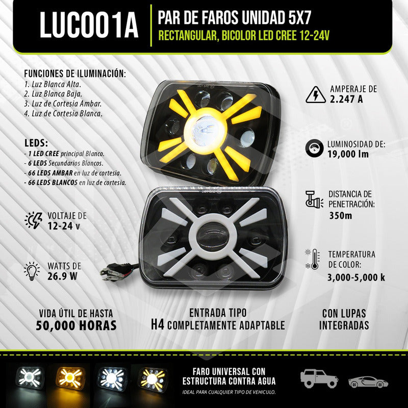 Par De Faros Unidad 5x7 Rectangular Bicolor Led Cree 12-24v