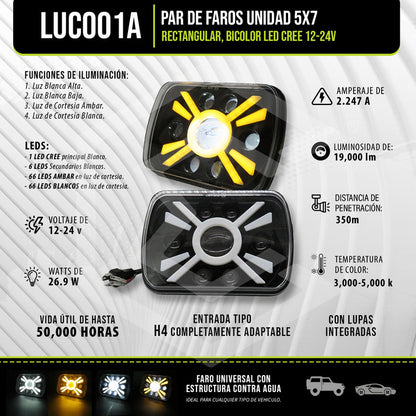 Par De Faros Unidad 5x7 Rectangular Bicolor Led Cree 12-24v