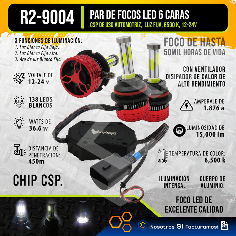 2 Focos Led 9004 Ventilador Alta Y Baja Aro 15,000lm 12-24v 9004