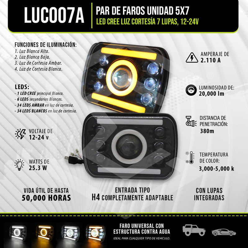 Par De Faros Unidad 5x7 Led Cree Luz Cortesía 7 Lupas 12-24v