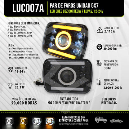 Par De Faros Unidad 5x7 Led Cree Luz Cortesía 7 Lupas 12-24v