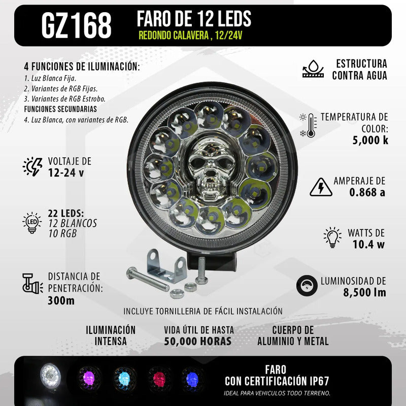 Par De Faros Calavera 26 Leds 4 Funciones Blanco-rgb 12-24v