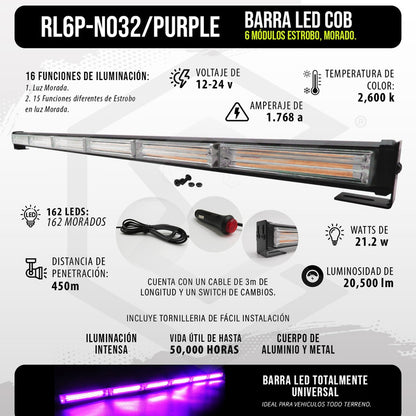Barra Torreta Led Cob 6 Módulos Estrobo Código 16 Funciones