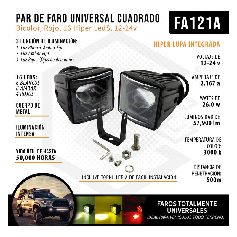 Par Faro Universal Cuadrado Bicolor Rojo 16 Hiper Led 12-24v
