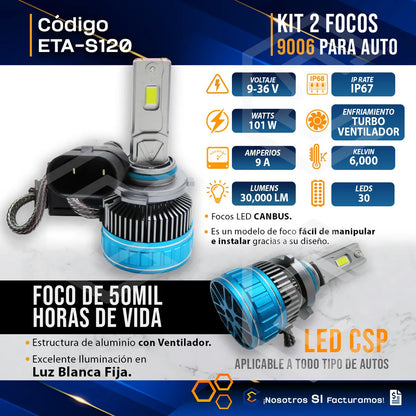 2 Focos 30 Led 9006 Canbus Ventilador Alta Baja 36000lm 101w 9006