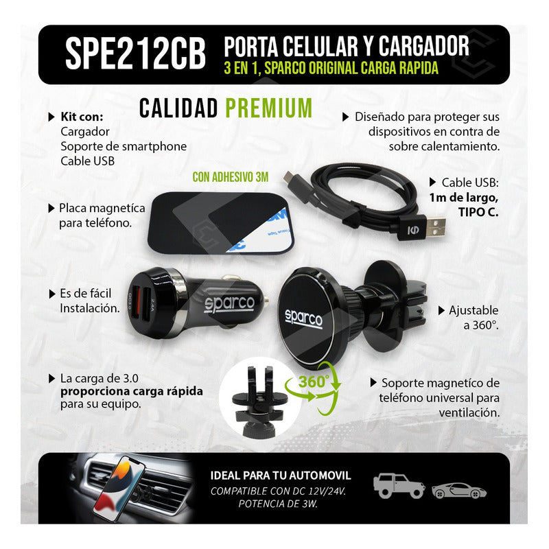 Soporte Porta Celular Magnético C/ Cargador Cable Usb Sparco