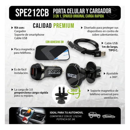 Soporte Porta Celular Magnético C/ Cargador Cable Usb Sparco