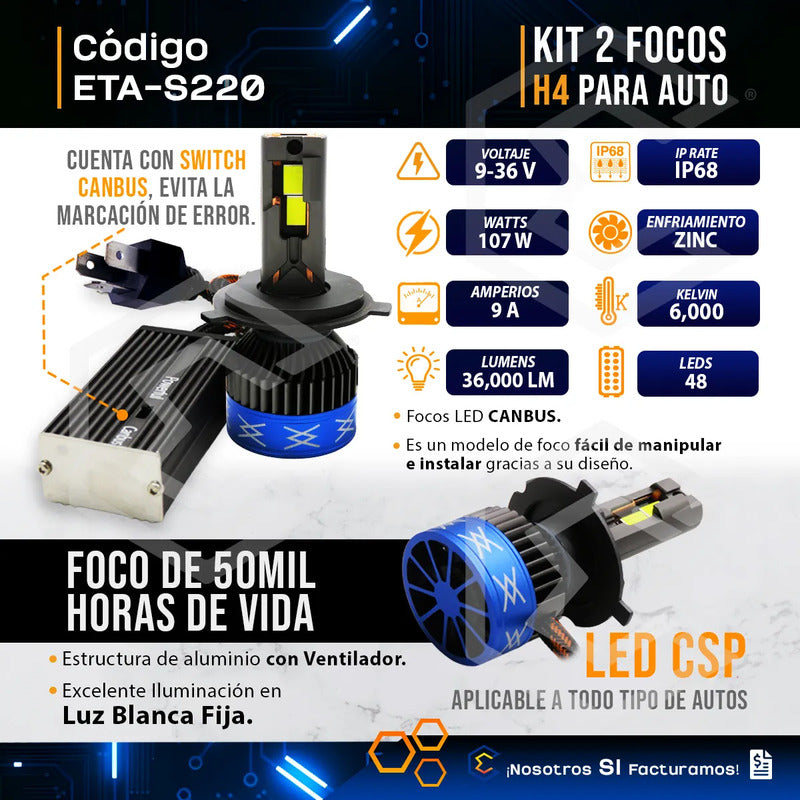 2 Focos 48 Leds H4 Canbus Ventilador Alta Baja 36,000lm 107w H4