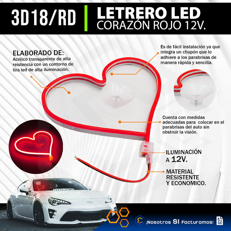 Figura Corazon Led Luz Neon Parabrisas Chupón Grande26cm 12v