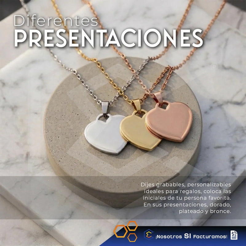 Collar Dije Corazón Plata Personalizado Grabado Láser Acero Plateado