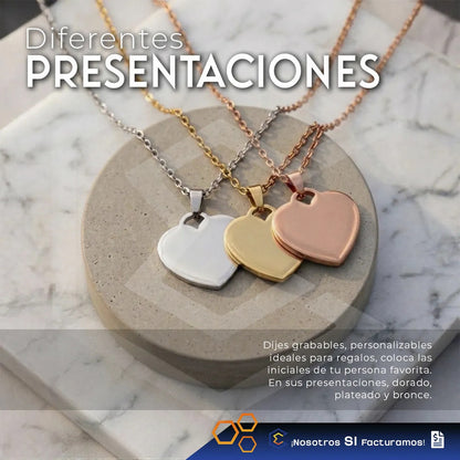 Collar Dije Corazón Plata Personalizado Grabado Láser Acero Plateado