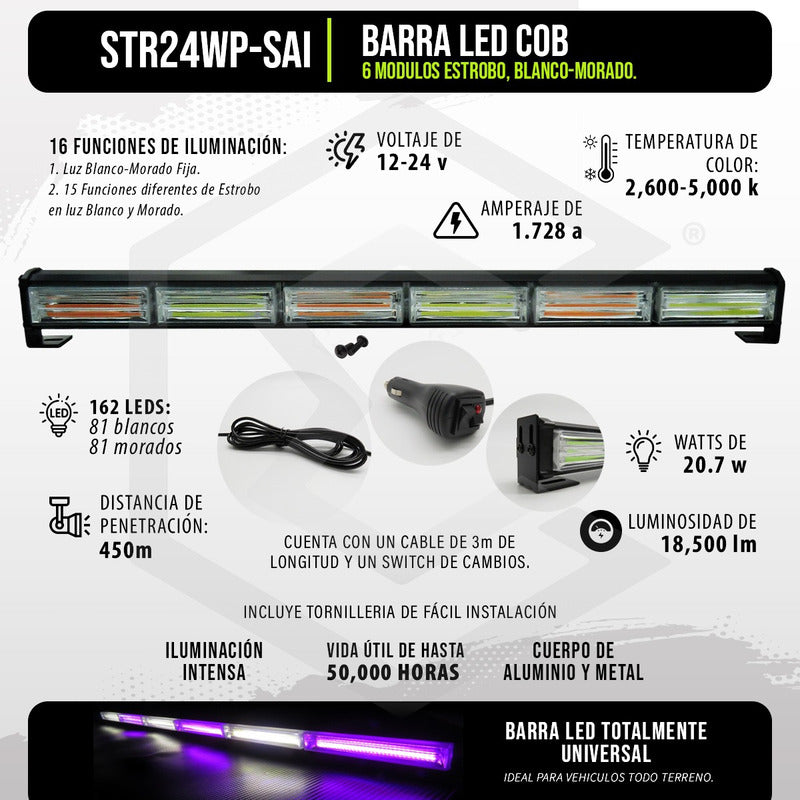 Barra Torreta Led Cob 6 Módulos Estrobo Código 16 Funciones