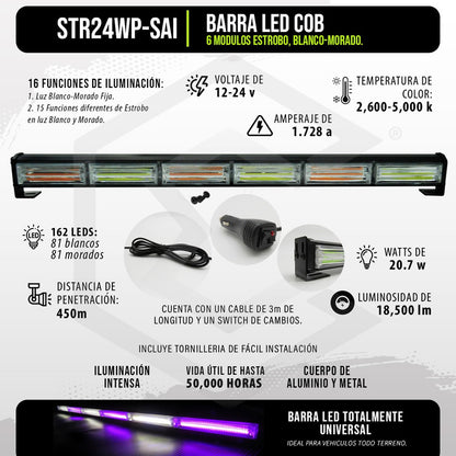 Barra Torreta Led Cob 6 Módulos Estrobo Código 16 Funciones