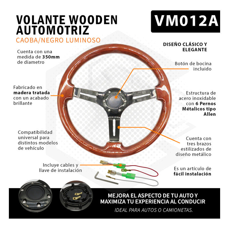 Volante Madera Automotriz Universal Centro Negro Brillo 35cm