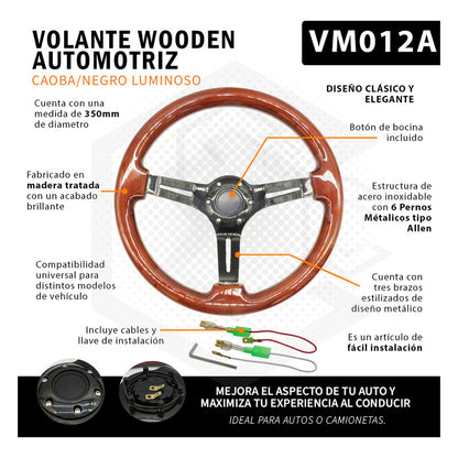 Volante Madera Automotriz Universal Centro Negro Brillo 35cm