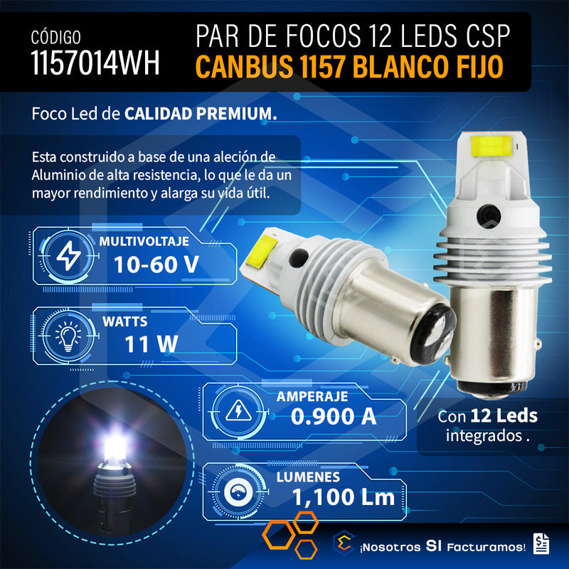 Par De Focos 1157 12 Leds Csp Canbus Fijo 10-60v 11w 1100lm