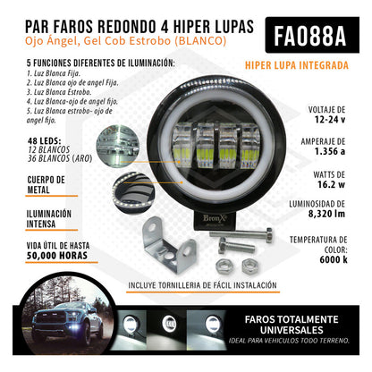 Par Faros Redondo 4 Hiper Lupa Ojo Ángel Gel Cob Estrobo