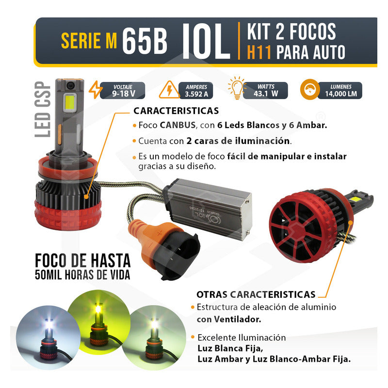 2 Focos H11 12 Leds Csp Bicolor Ventilador Alta Baja 14000lm H11