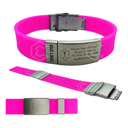 Kit 2 Pulsera Identificación Personalizada Emergencia Láser Rosa Mexicano