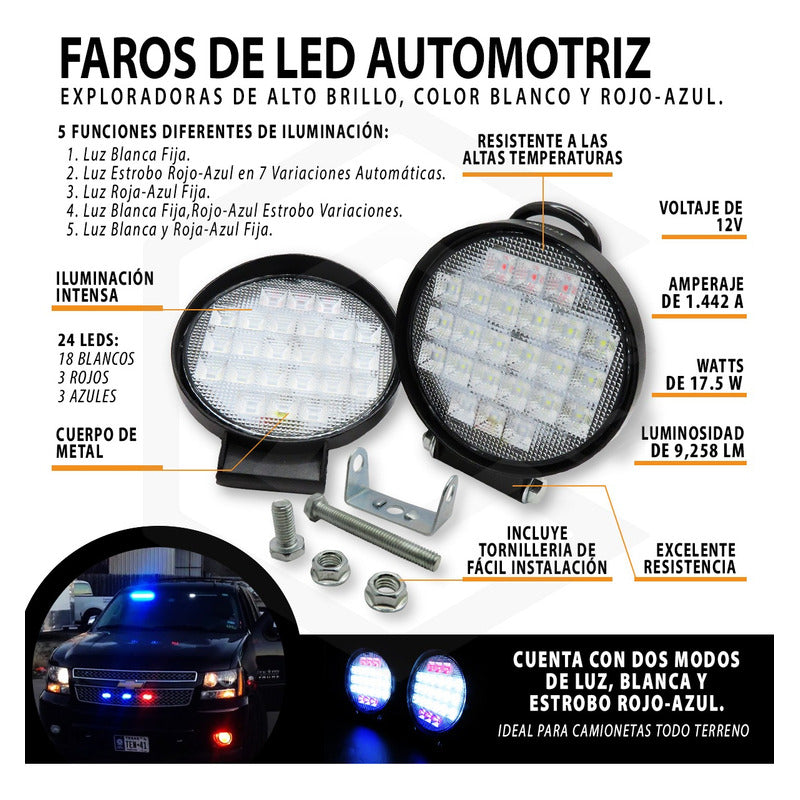 Par De Faros 30 Leds 9-30v Luz Blanca/rojo/azul 6 Funciones