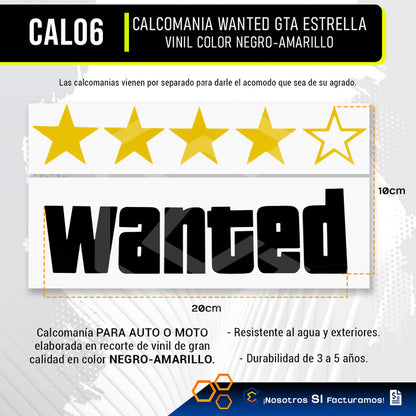 Calcomanía Wanted Gta Estrella Sticker Vinil Moto 20cm X10cm