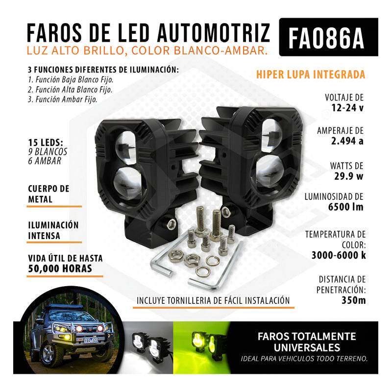 Faros Cuadrados Blanco/ámbar Fijo 15 Led 30w 6500lm 12-24v