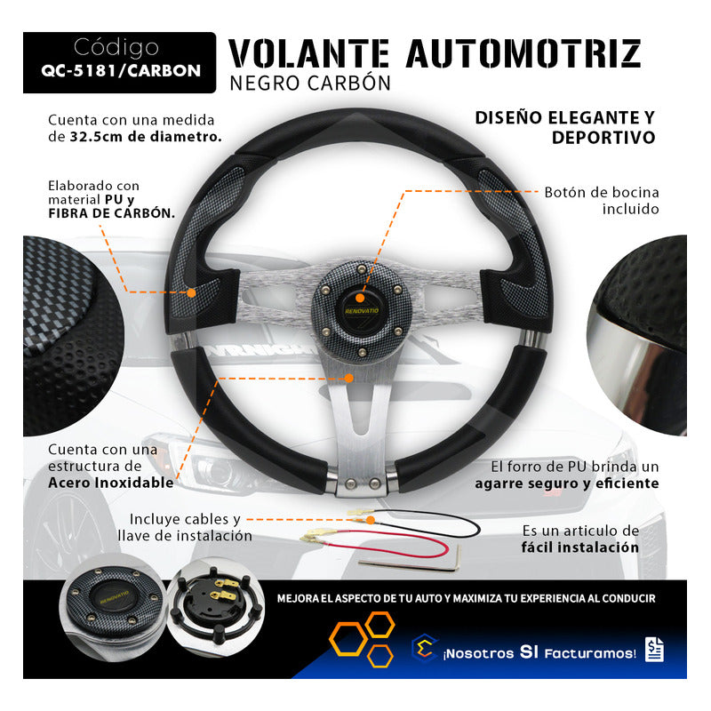 Volante Deportivo Universal Metal Con 8 Pernos Carbon 33cm Carbon