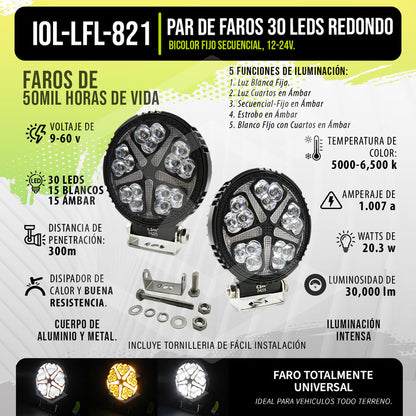 Par De Faros 30 Leds Redondo Bicolor Fijo Secuencial 12-24v Transparente