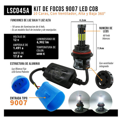 Kit Focos 9007 Led Cob 10 Caras Ventilador Alta Y Baja 360° 9007