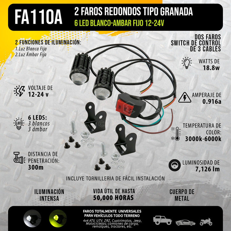 2 Faros Redondos Tipo Granada 6 Led Blanco-ambar Fijo 12-24v