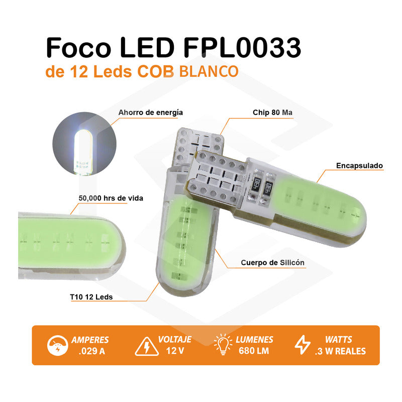 Kit De 10 Focos De Pellizco T10 12 Leds Cob Chip 80 Ma 12v