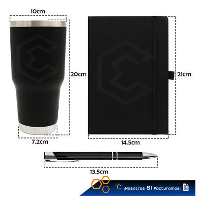 Kit Termo Libreta Y Pluma Personalizados Láser Para Regalo Negro