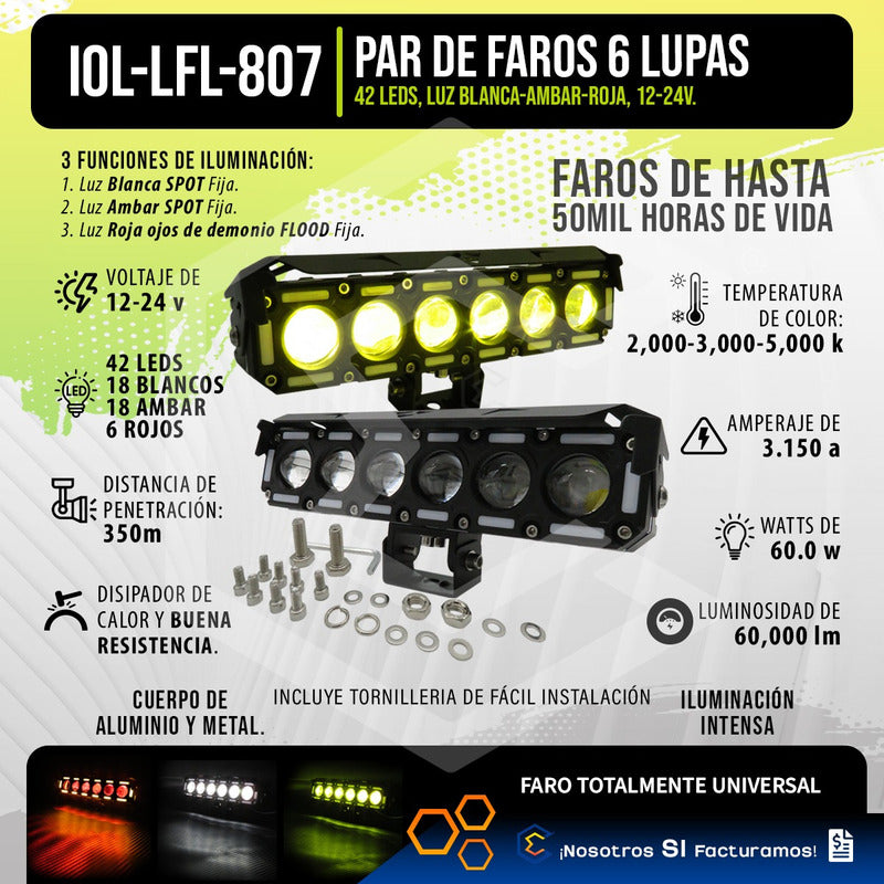 Par De Faros 42 Leds Con 6 Lupas Bicolor Fija 60000lm 12-24v