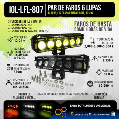 Par De Faros 42 Leds Con 6 Lupas Bicolor Fija 60000lm 12-24v